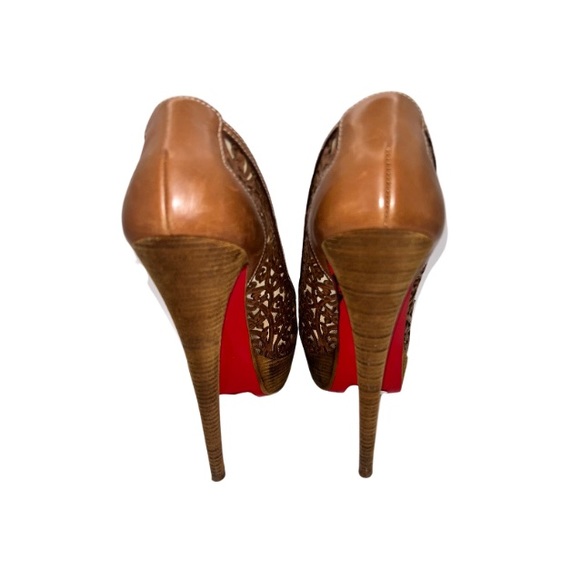 Christian Louboutin Pampas Tan Floral Lasercut Lady Peep Heel | 39 - Picture 9 of 11